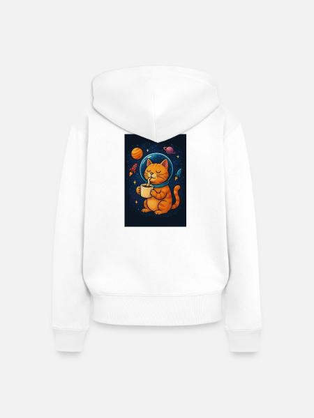 Katze im Raumanzug trinkt Kaffee - Frauen Premium Bio Zip Hoodie - Weiß