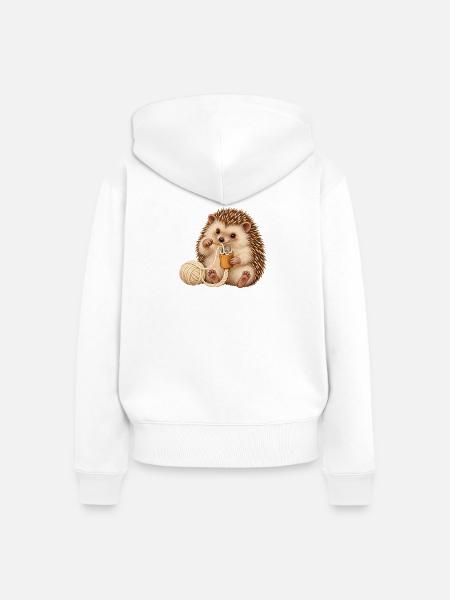 Igel arbeitet mit einer Strickliesel - Frauen Premium Bio Zip Hoodie - Weiß