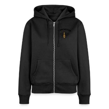 MANCHESTER MANCS MCR BIENE BEE - Frauen Premium Bio Zip Hoodie - Schwarz - Vorne - Julia (174cm)