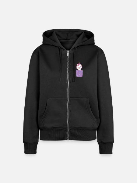 Einhorn in Brusttasche - Frauen Premium Bio Zip Hoodie - Schwarz