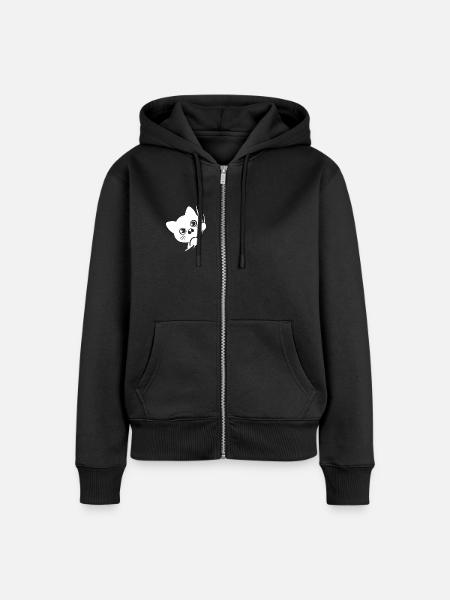 Verdutzte Katze hinter dem Vorhang - Frauen Premium Bio Zip Hoodie - Schwarz