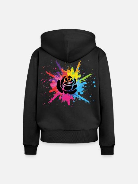 Schwarze Blume und mehrfarbige Explosion - Frauen Premium Bio Zip Hoodie - Schwarz