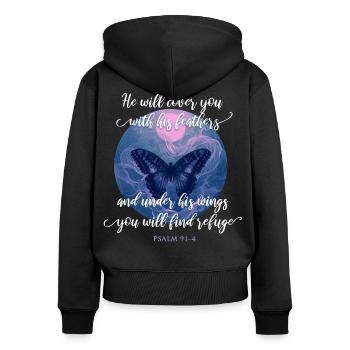 Christliches Zitat Bibelvers Schmetterling - Frauen Premium Bio Zip Hoodie - Schwarz - Hinten - Julia (174cm)