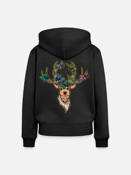 Hirsch Schmetterlinge Hirschkopf Frühling - Frauen Premium Bio Zip Hoodie - Schwarz