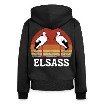 ELSASS VINTAGE STORCH - Frauen Premium Bio Zip Hoodie - Schwarz - Hinten - Julia (174cm)
