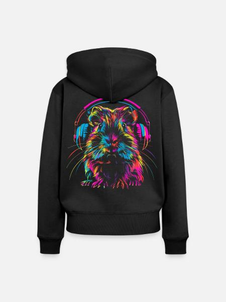 Neon-Meerschweinchen mit Kopfhörer - Frauen Premium Bio Zip Hoodie - Schwarz