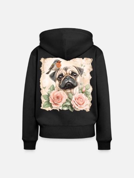 Mops und Rotkehlchen - Frauen Premium Bio Zip Hoodie - Schwarz