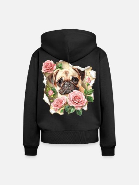 Mops mit Rosen - Frauen Premium Bio Zip Hoodie - Schwarz