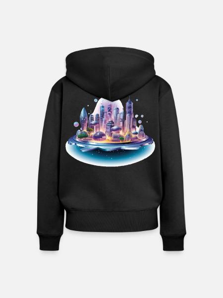Schwebende Stadtinsel Neonzauber - Frauen Premium Bio Zip Hoodie - Schwarz