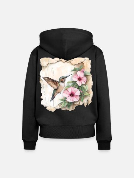 Kolibri mit Blüten - Frauen Premium Bio Zip Hoodie - Schwarz