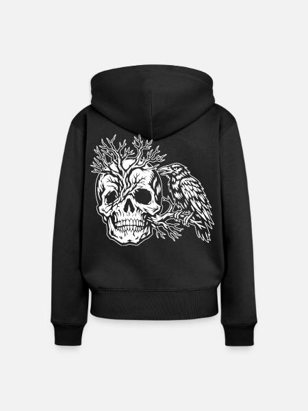 Schädel, Baum und Rabe - Frauen Premium Bio Zip Hoodie - Schwarz