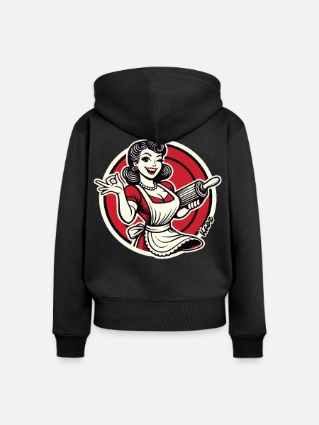 Retro-Diner-Kellnerin mit Nudelholz - Frauen Premium Bio Zip Hoodie - Schwarz
