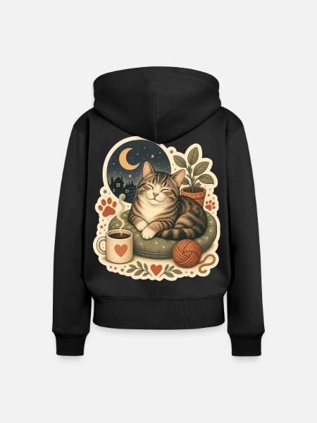 Gemütliche Katze Kaffee Garn - Frauen Premium Bio Zip Hoodie - Schwarz