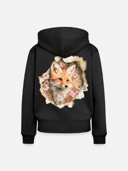 Fuchs mit Kirschblüten - Frauen Premium Bio Zip Hoodie - Schwarz
