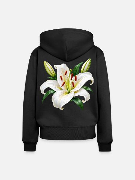 Weiße Lilie mit Grünem Blattwerk - Frauen Premium Bio Zip Hoodie - Schwarz
