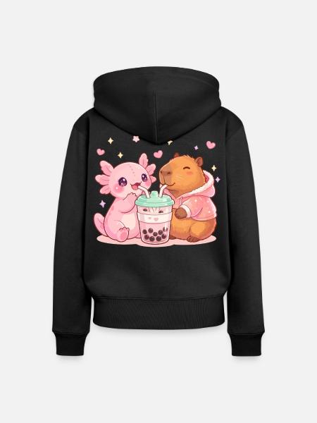 Axolotl, Capybara, Kawaii - Frauen Premium Bio Zip Hoodie - Schwarz