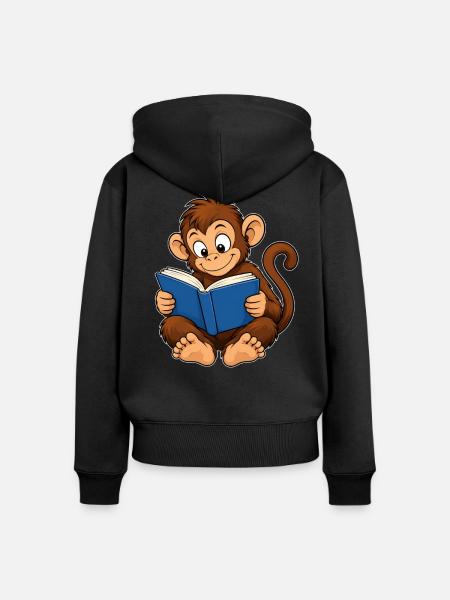 Süßer Affe beim Lesen – Bücherwurm - Frauen Premium Bio Zip Hoodie - Schwarz