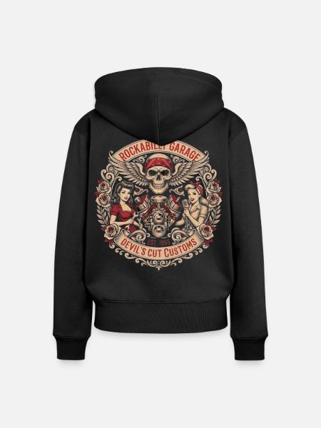 Rockabilly Skull Garage Roses - Frauen Premium Bio Zip Hoodie - Schwarz