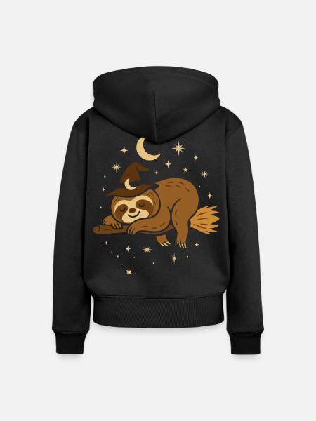 Halloween Faultier – Hexe auf Besen - Frauen Premium Bio Zip Hoodie - Schwarz