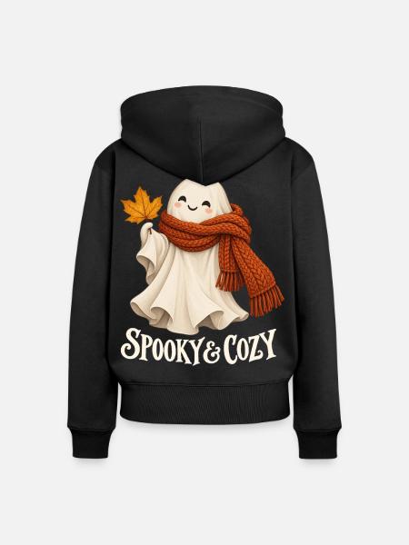 Spooky & Cozy - Herbstgeist mit rotem Schal - Frauen Premium Bio Zip Hoodie - Schwarz
