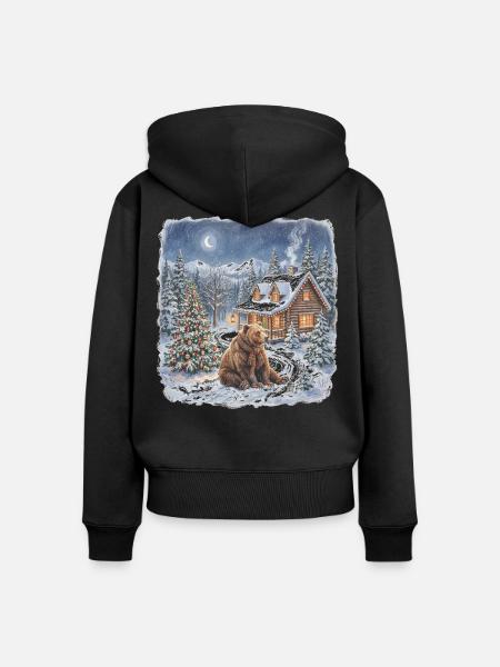Winterwald Bär am Kamin - Frauen Premium Bio Zip Hoodie - Schwarz