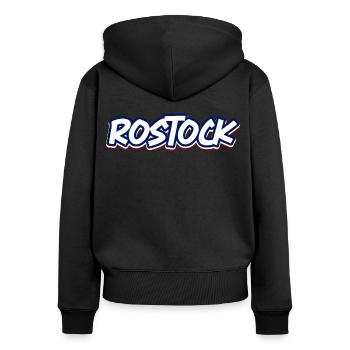 Rostock Schriftzug in blau weiss rot - Frauen Premium Bio Zip Hoodie - Schwarz - Hinten - Julia (174cm)