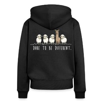 Dare to Be Different – Alpaka & Schafe Spruch - Frauen Premium Bio Zip Hoodie - Schwarz - Hinten - Julia (174cm)