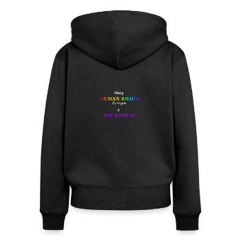 Wanting human rights for everyone is NOT radical - Frauen Premium Bio Zip Hoodie - Schwarz - Hinten - Julia (174cm)