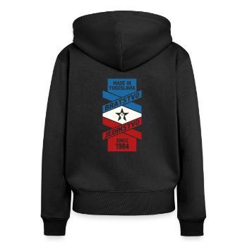 Made in Yugoslavia Cadeau Jugo Tito SFRJ - Sweat à capuche zippé Premium bio Femme - noir - Dos - Julia (174cm)