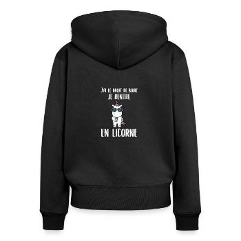 licorne, alcool, idée cadeau humour - Sweat à capuche zippé Premium bio Femme - noir - Dos - Julia (174cm)