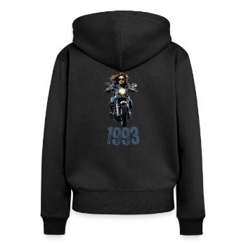 1993, Motorrad, Frau - Frauen Premium Bio Zip Hoodie - Schwarz - Hinten - Julia (174cm)
