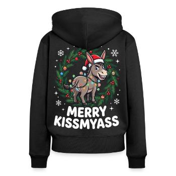 Merry KissMyAss Esel Pyjama Sarkastisch Xmas Lusti - Frauen Premium Bio Zip Hoodie - Schwarz - Hinten - Julia (174cm)