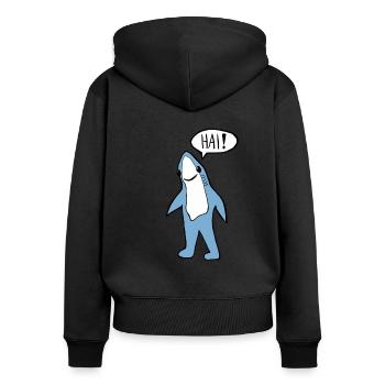 Hai👋🏼–Fisch - Frauen Premium Bio Zip Hoodie - Schwarz - Hinten - Julia (174cm)