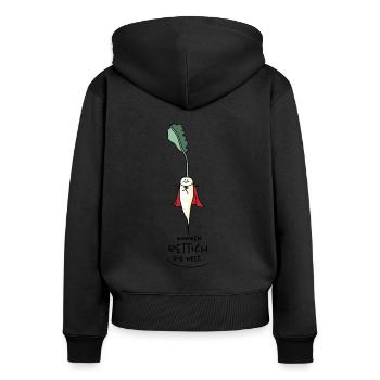Lustiger Rettich als Retter und Held - Frauen Premium Bio Zip Hoodie - Schwarz - Hinten - Julia (174cm)