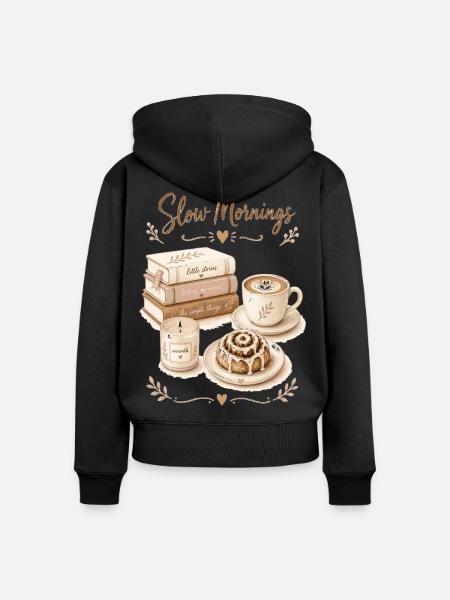 SlowMornings Kaffee & Bücher - Frauen Premium Bio Zip Hoodie - Schwarz