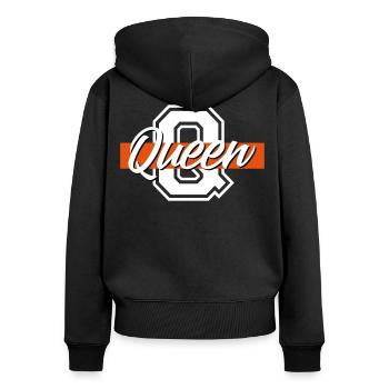 QUEEN Partnerlook - Frauen Premium Bio Zip Hoodie - Schwarz - Hinten - Julia (174cm)