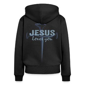 Jésus Christ loves you shirt pour les chrétiens - Sweat à capuche zippé Premium bio Femme - noir - Dos - Julia (174cm)