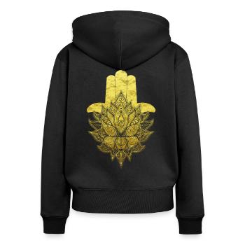 Hamsa Hand Blume des Lebens Mandala Om Symbol - Frauen Premium Bio Zip Hoodie - Schwarz - Hinten - Julia (174cm)