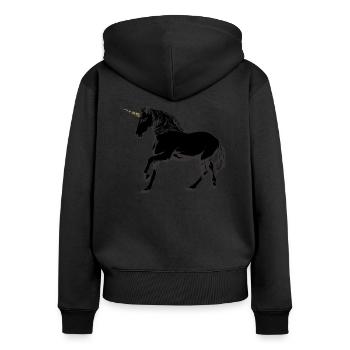Licorne sauvage, le noir rare - Sweat à capuche zippé Premium bio Femme - noir - Dos - Julia (174cm)