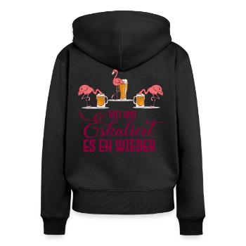 Spruch mit uns es eskaliert es eh wieder Flamingo - Frauen Premium Bio Zip Hoodie - Schwarz - Hinten - Julia (174cm)