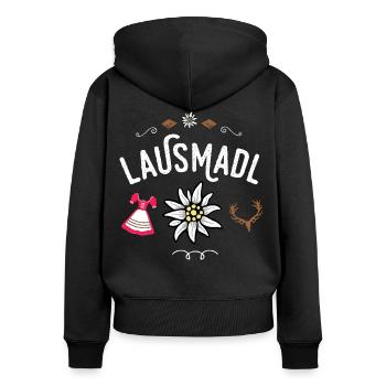 Lausmadl Ersatz Tracht bayrisches Madl Mei Dirndl - Frauen Premium Bio Zip Hoodie - Schwarz - Hinten - Julia (174cm)