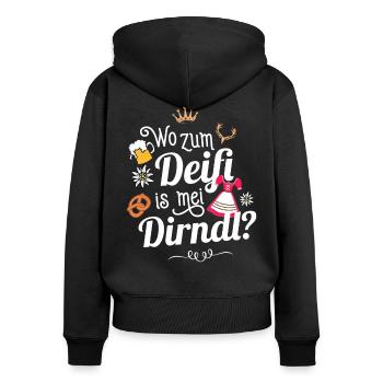 Damen Trachtenshirt Tracht Frauen Deifi Mei Dirndl - Frauen Premium Bio Zip Hoodie - Schwarz - Hinten - Julia (174cm)