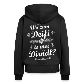 Wo zum Deifi is mei Dirndl Sprüche Trachtenshirt - Frauen Premium Bio Zip Hoodie - Schwarz - Hinten - Julia (174cm)