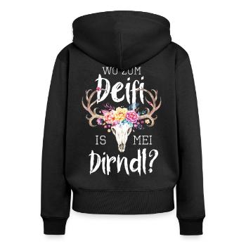 Wo zum Deifi is mei Dirndl Hirsch Trachtenshirt - Frauen Premium Bio Zip Hoodie - Schwarz - Hinten - Julia (174cm)