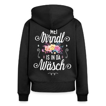 Mei Dirndl is in da Wäsch Trachtenshirt Sprüche - Frauen Premium Bio Zip Hoodie - Schwarz - Hinten - Julia (174cm)