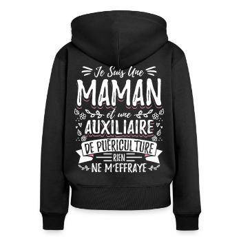 Auxiliaire puériculture humour - Sweat à capuche zippé Premium bio Femme - noir - Dos - Julia (174cm)