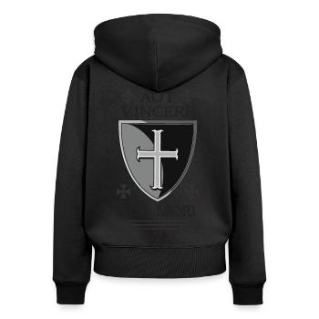 Bouclier croisé templier - Sweat à capuche zippé Premium bio Femme - noir - Dos - Julia (174cm)
