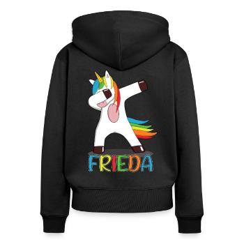 Frieda Name Vorname Namenstag Einhorn Geschenk - Frauen Premium Bio Zip Hoodie - Schwarz - Hinten - Julia (174cm)