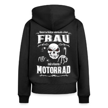 Unterschätze keine Frau Motorrad T Shirt - Frauen Premium Bio Zip Hoodie - Schwarz - Hinten - Julia (174cm)