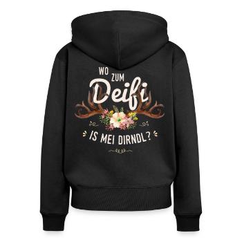 Wo zum Deifi is mei Dirndl - Frauen Premium Bio Zip Hoodie - Schwarz - Hinten - Julia (174cm)